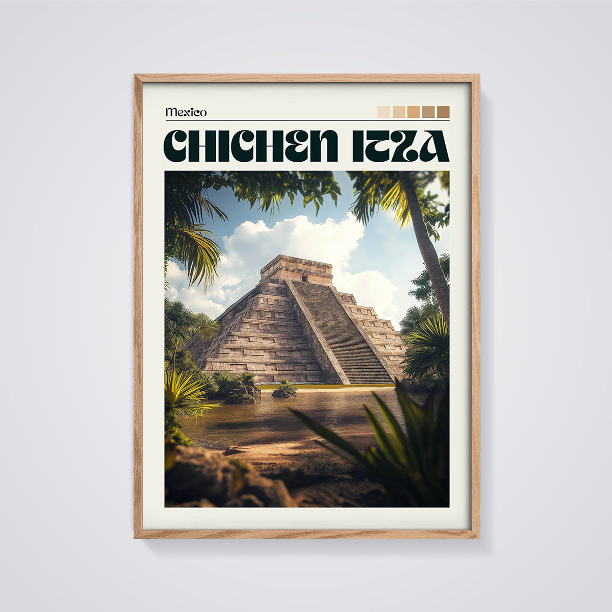 Chichen Itza Pyramid Print framed in oak on a grey background