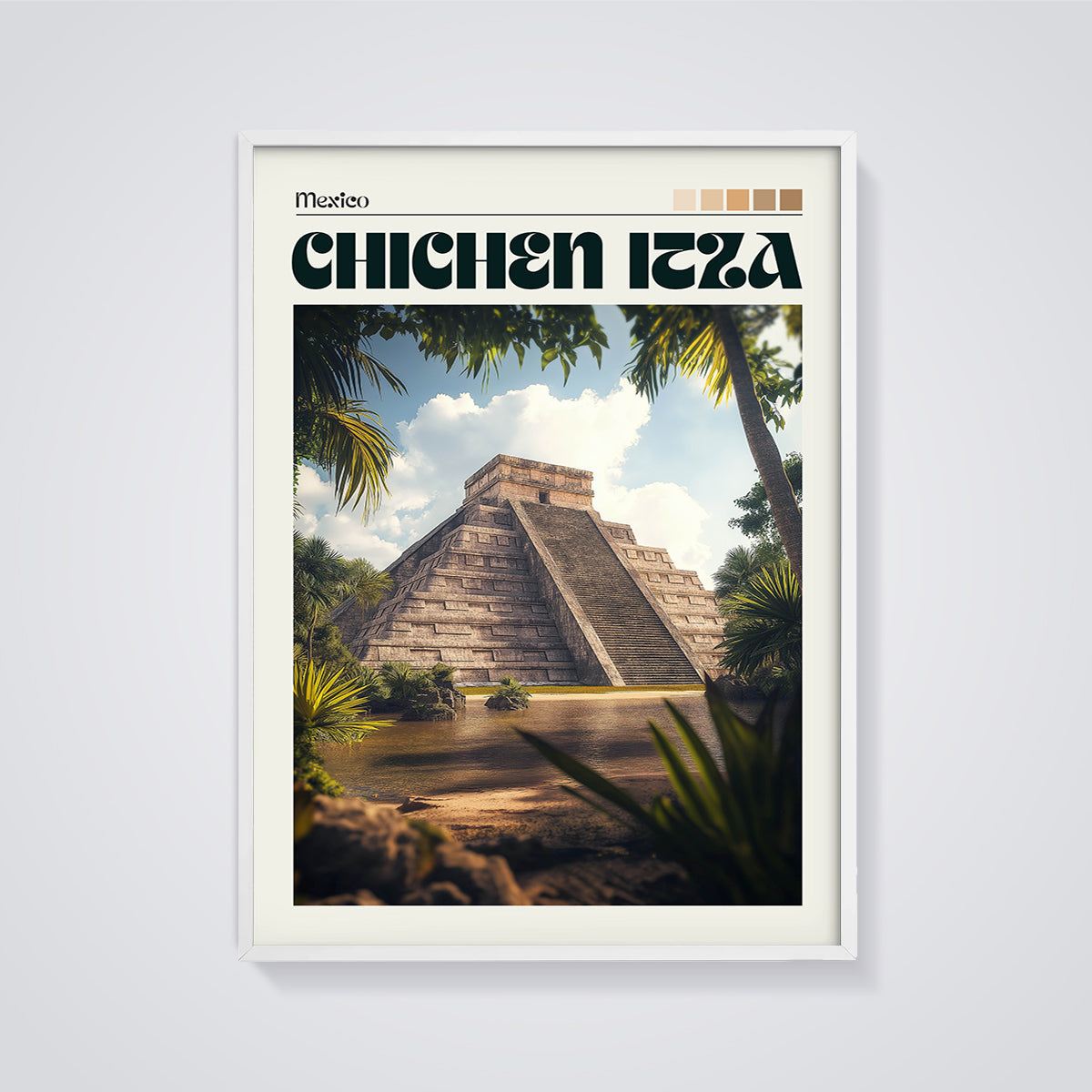 Chichen Itza Pyramid Print framed in white on a grey background