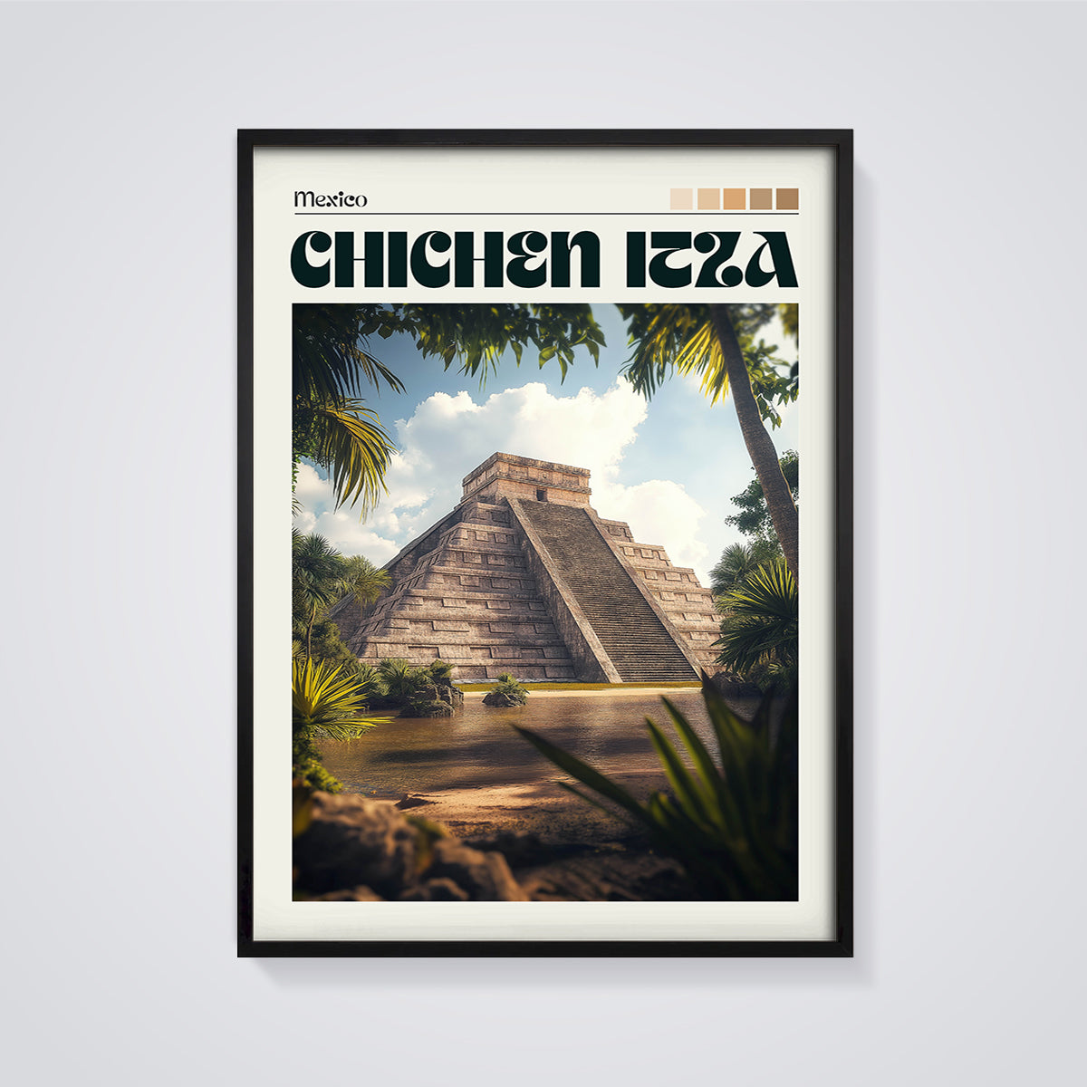 Chichen Itza Pyramid Print framed in black on a grey background