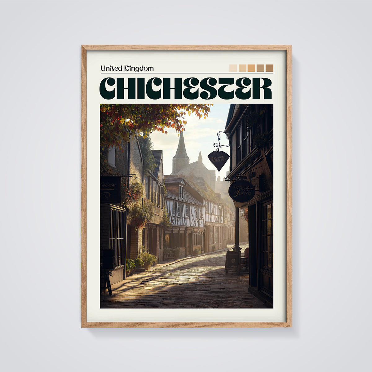 Chichester Cobbled Street Print framed in oak on a grey background