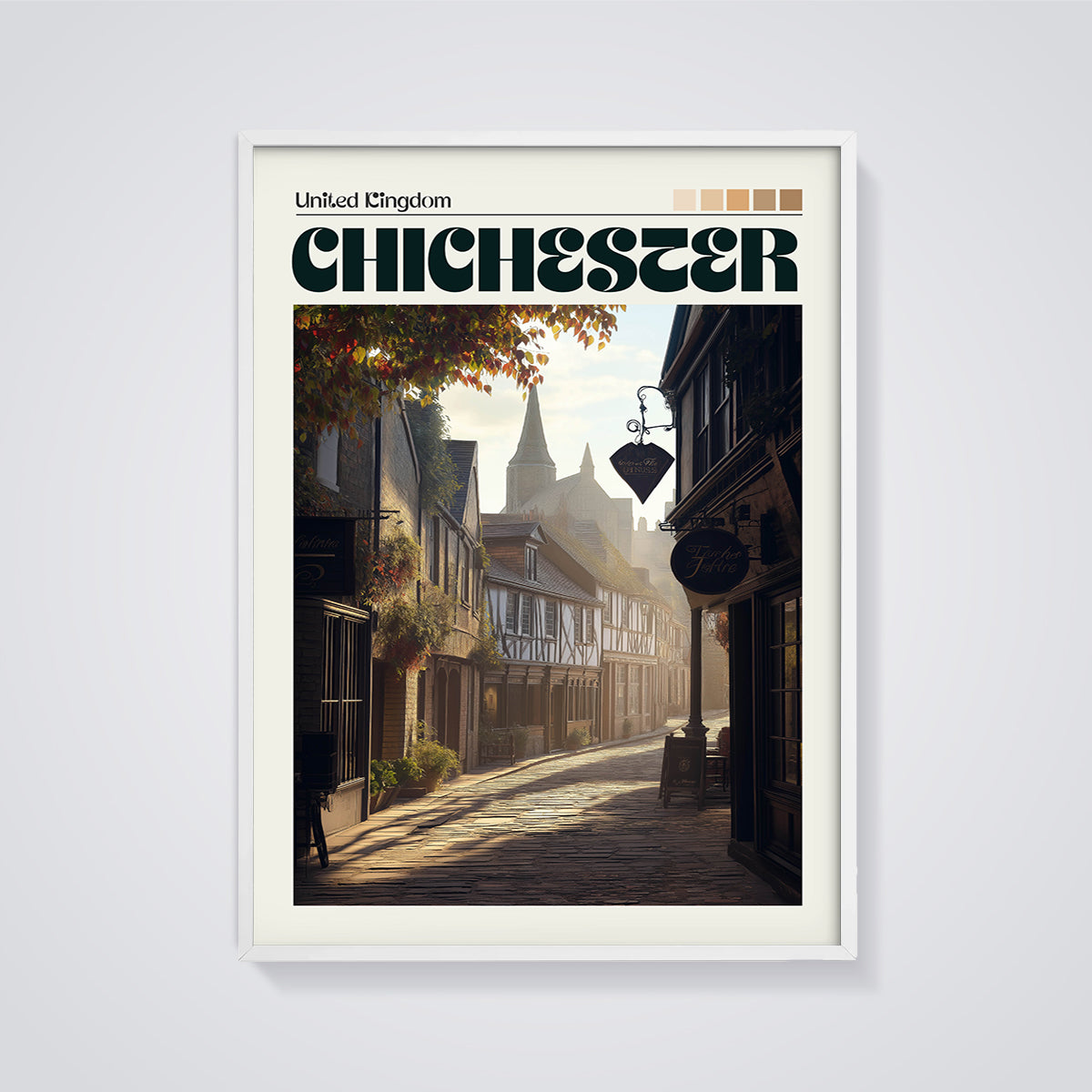 Chichester Cobbled Street Print framed in white on a grey background