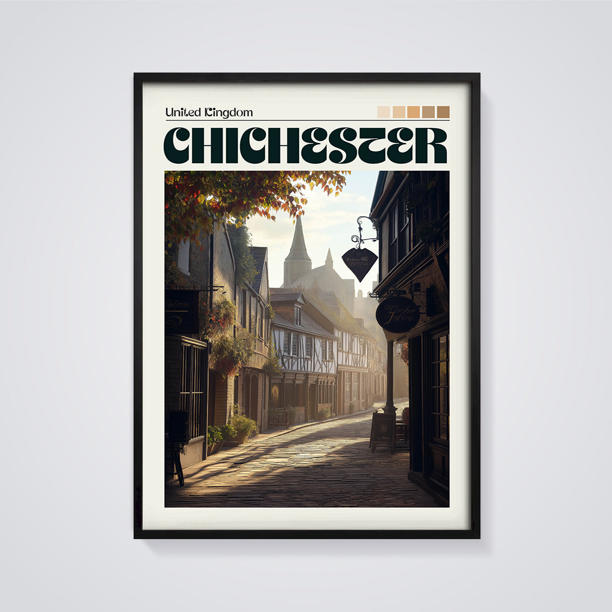 Chichester Cobbled Street Print framed in black on a grey background