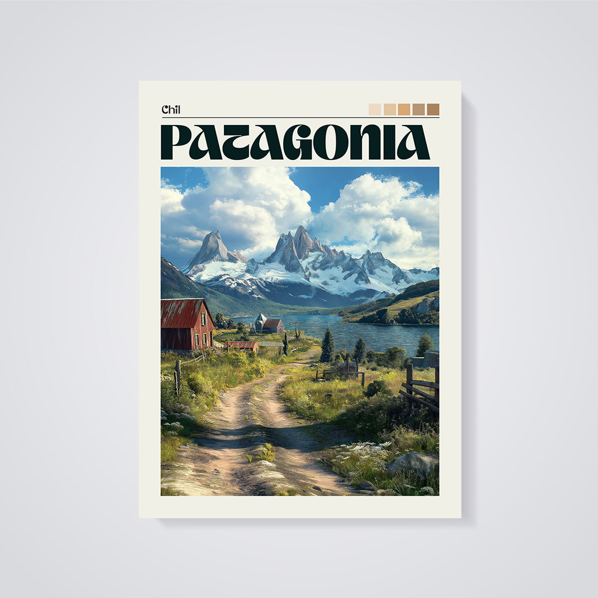 Chile Patagonia Mountain Lake Print unframed on a grey background