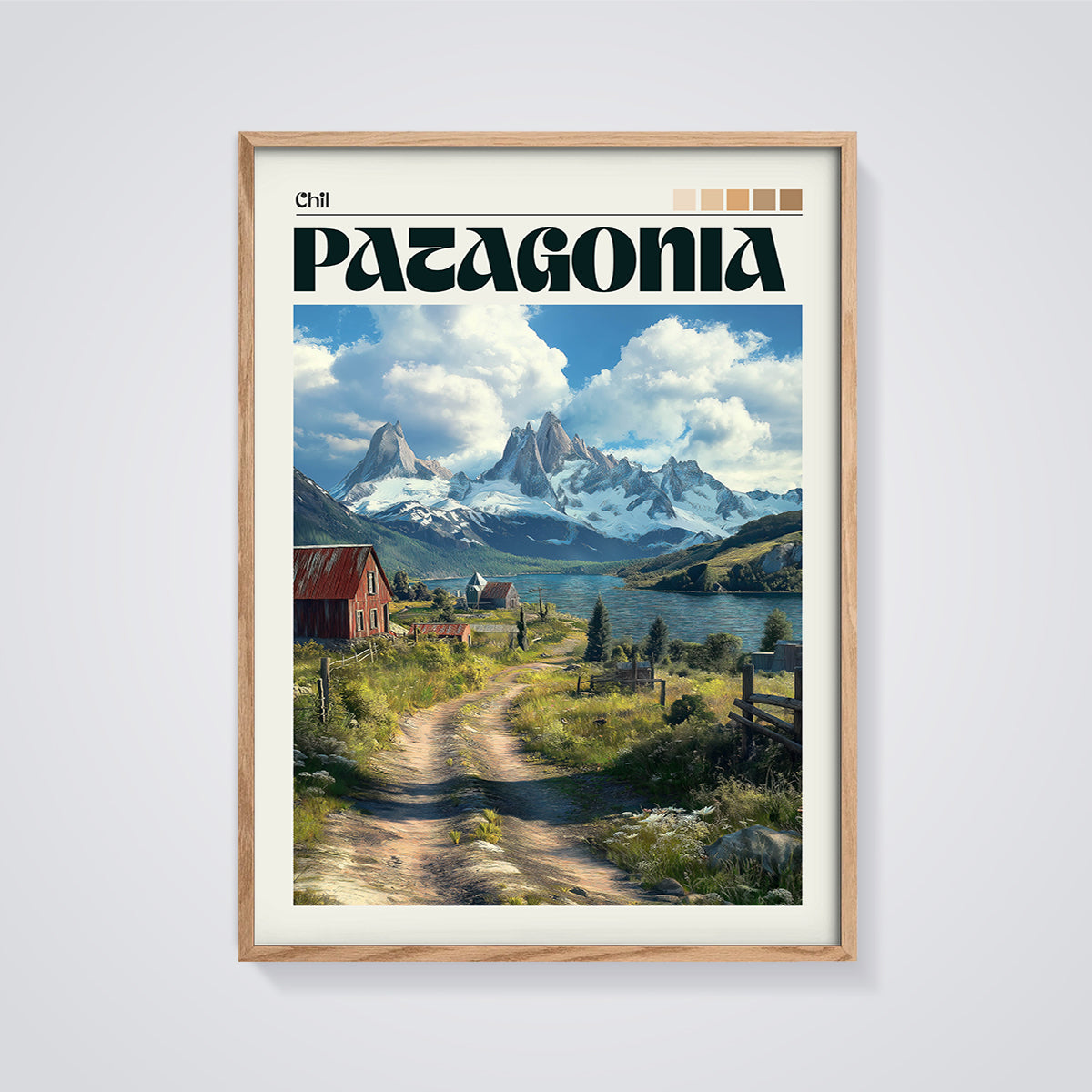 Chile Patagonia Mountain Lake Print framed in oak on a grey background