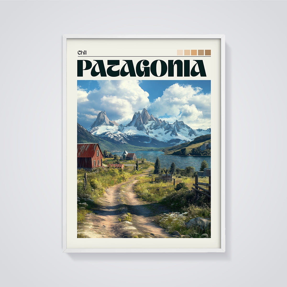 Chile Patagonia Mountain Lake Print framed in white on a grey background