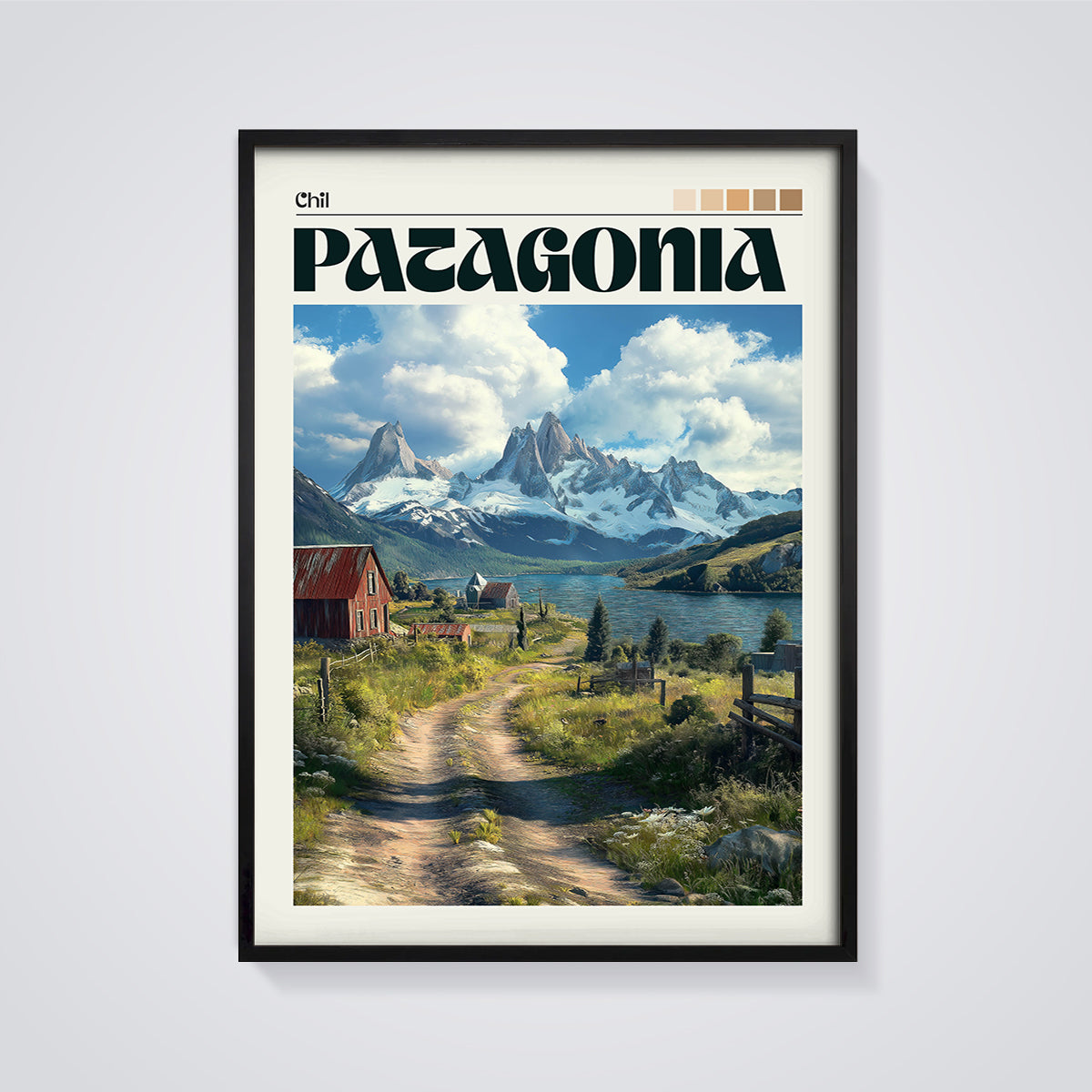Chile Patagonia Mountain Lake Print framed in black on a grey background