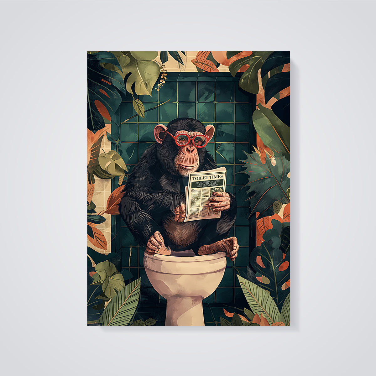 Chimp Reading Toilet Times Print unframed on a grey background