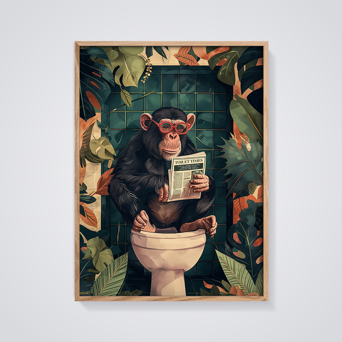 Chimp Reading Toilet Times Print framed in oak on a grey background