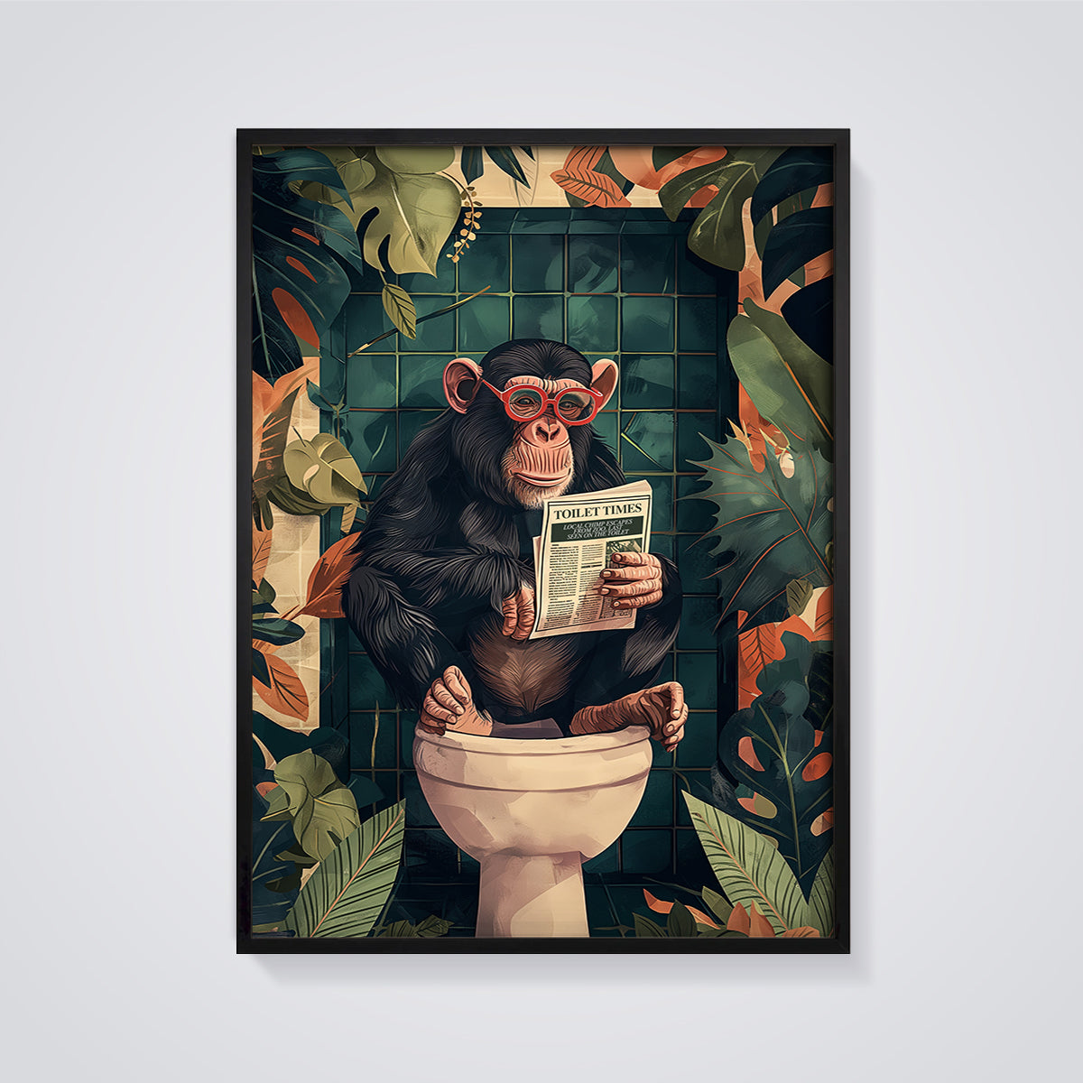 Chimp Reading Toilet Times Print framed in black on a grey background