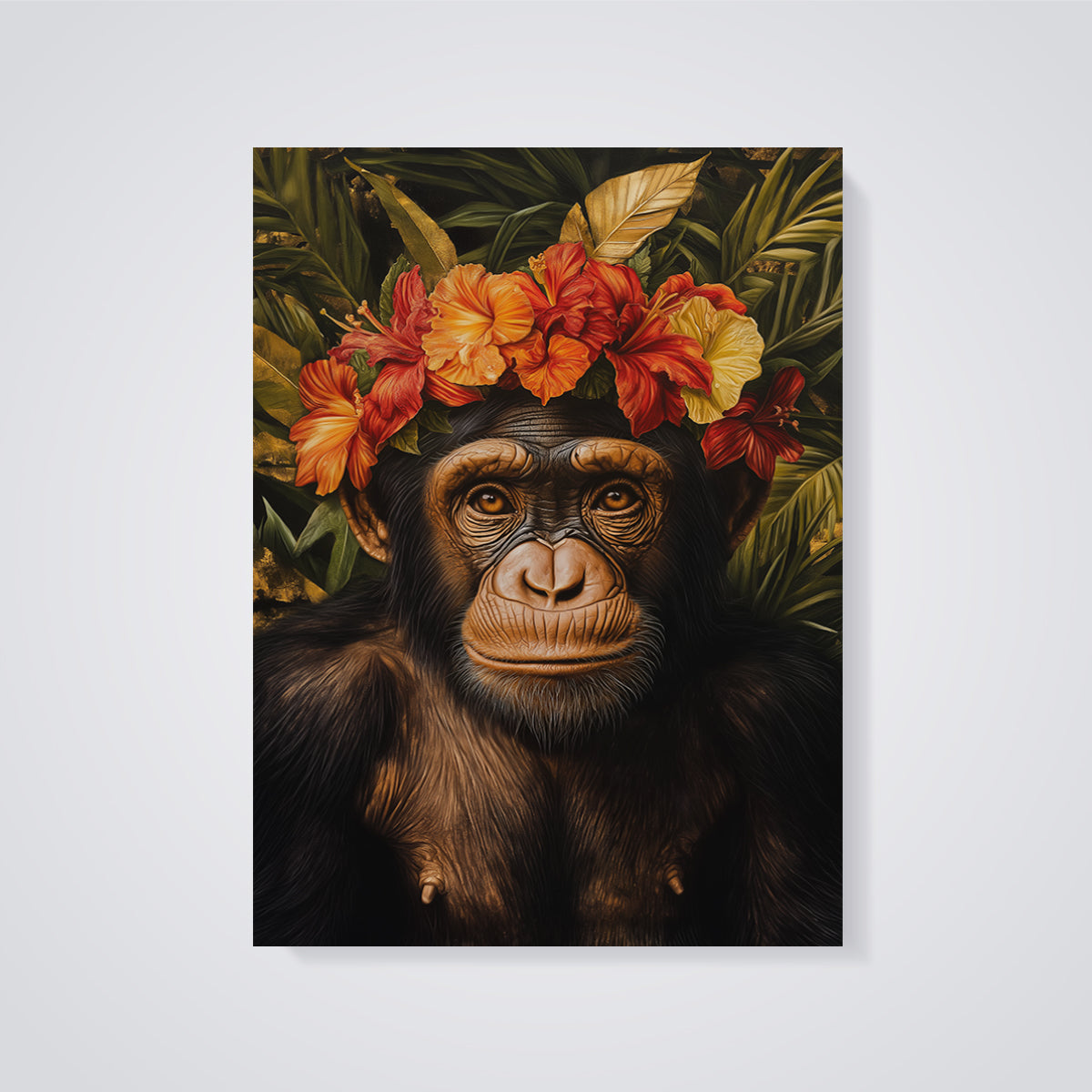 Chimpanzee Hibiscus Crown Print unframed on a grey background