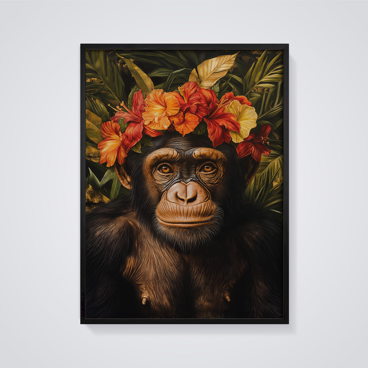Chimpanzee Hibiscus Crown Print framed in black on a grey background