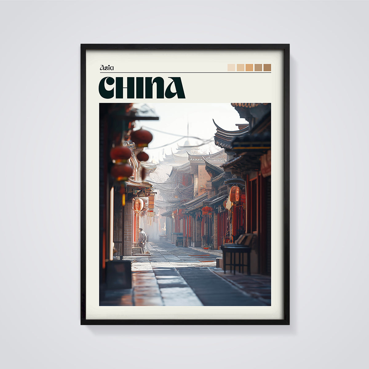 China Old Town Street Print framed in black on a grey background