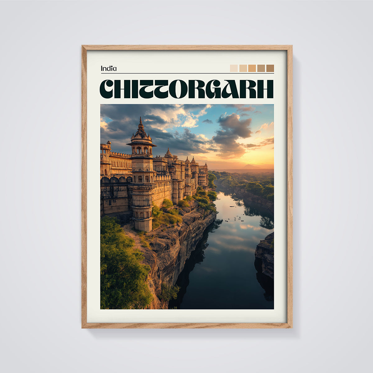Chittorgarh Fort Sunset Print framed in oak on a grey background