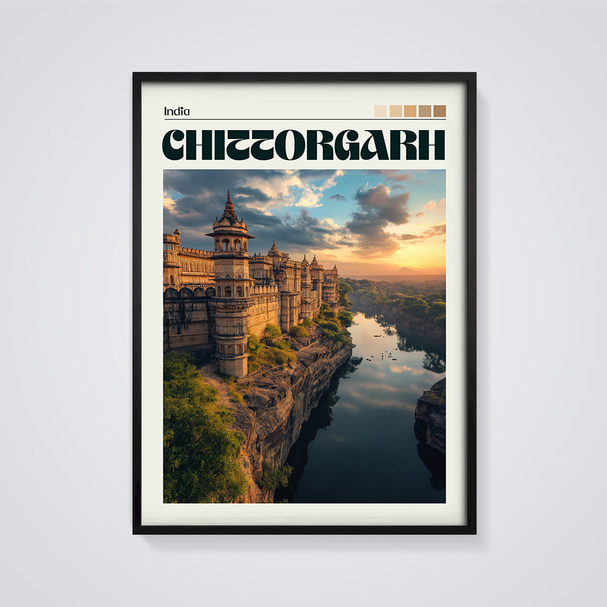 Chittorgarh Fort Sunset Print framed in black on a grey background