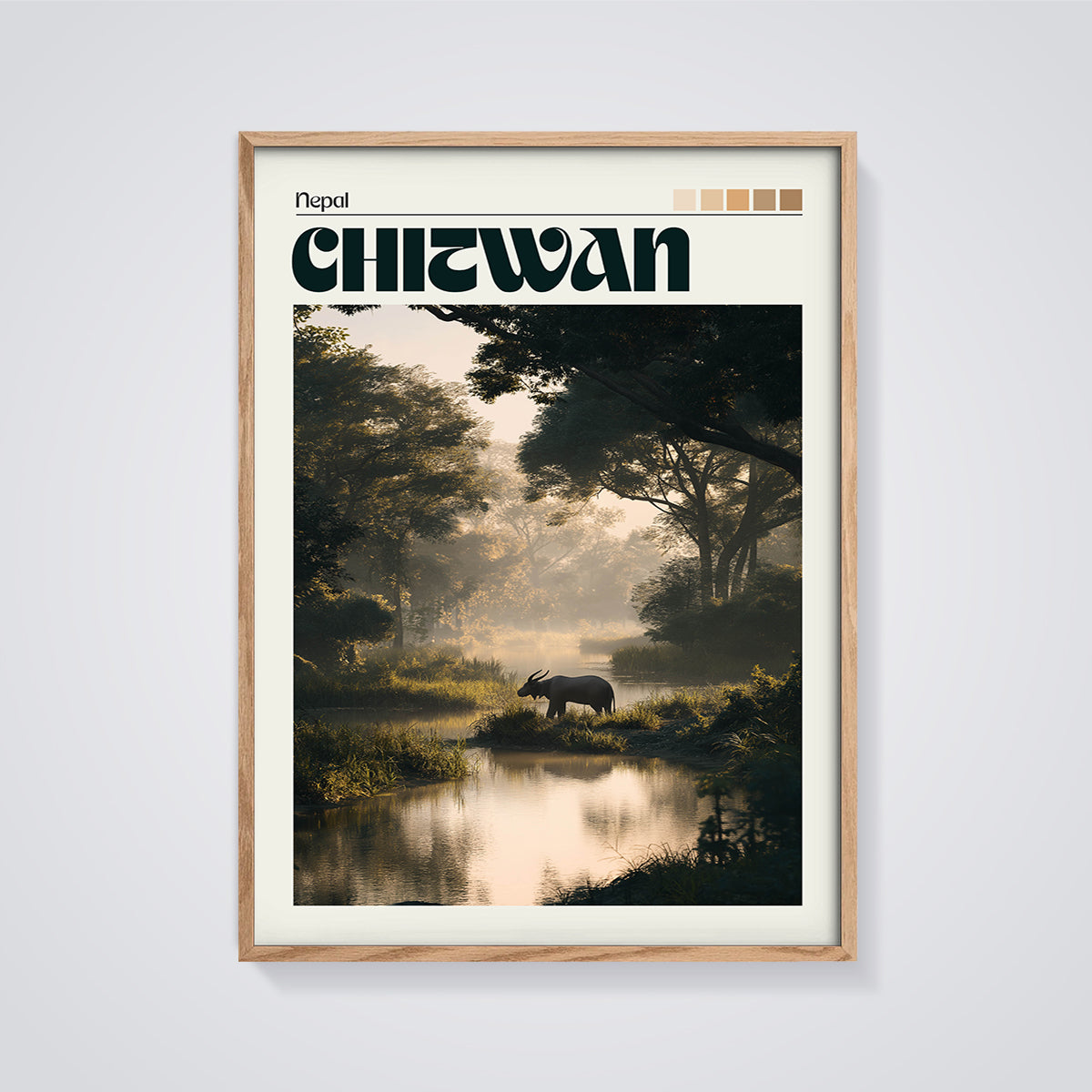 Chitwan Misty Wildlife Print framed in oak on a grey background