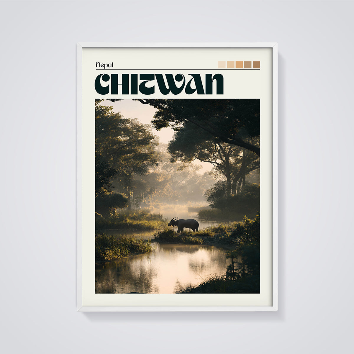 Chitwan Misty Wildlife Print framed in white on a grey background