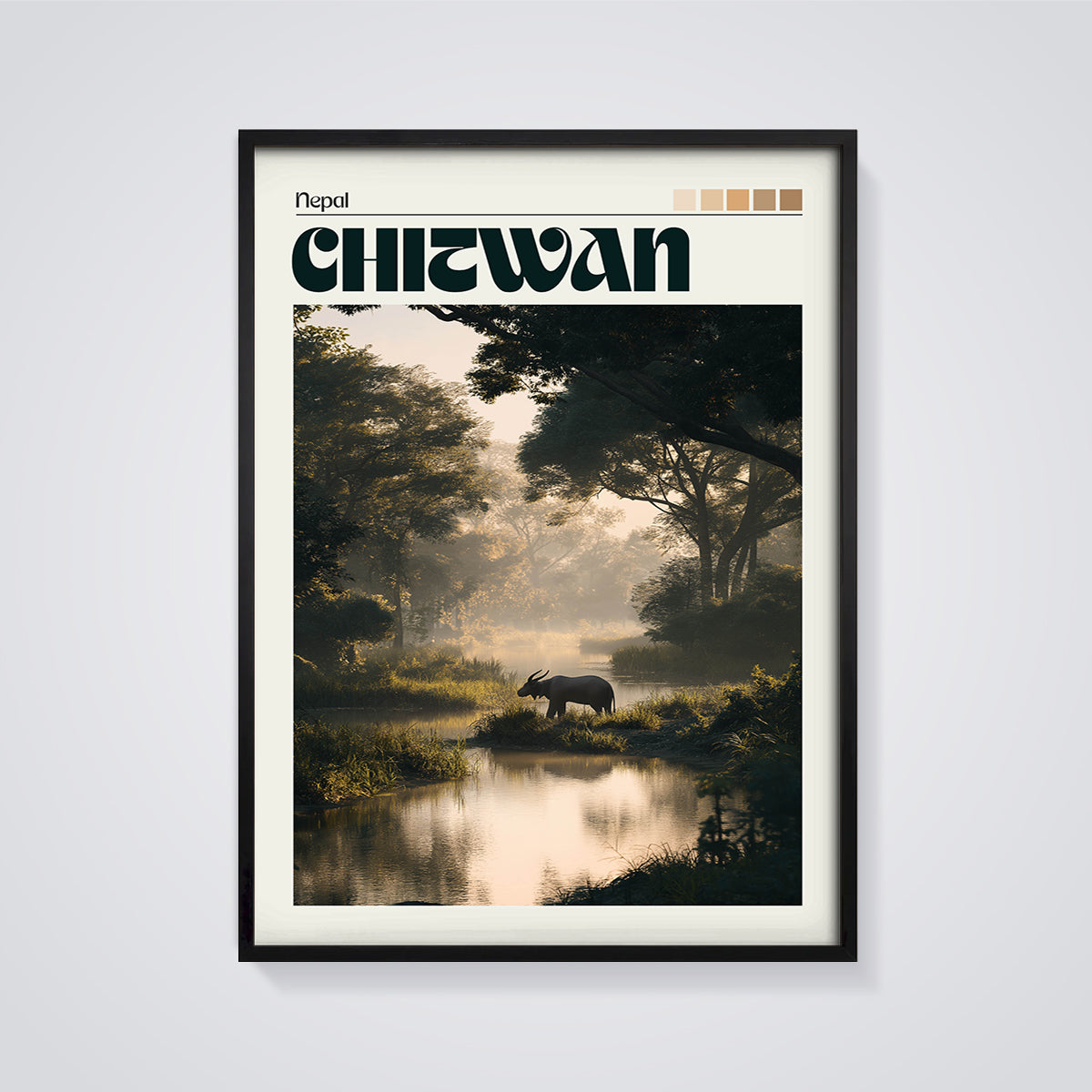 Chitwan Misty Wildlife Print framed in black on a grey background