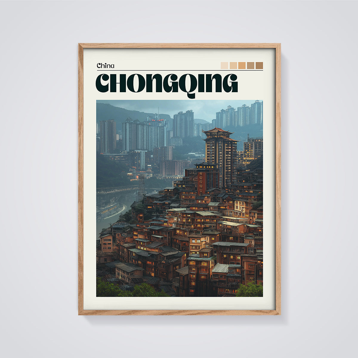 Chongqing Cityscape Print framed in oak on a grey background