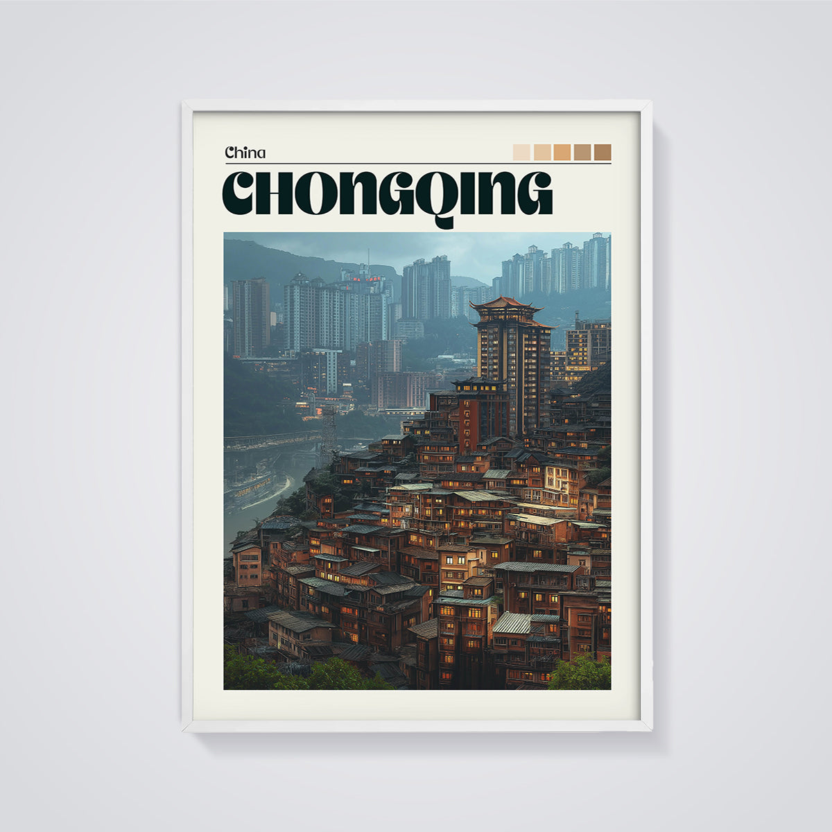 Chongqing Cityscape Print framed in white on a grey background