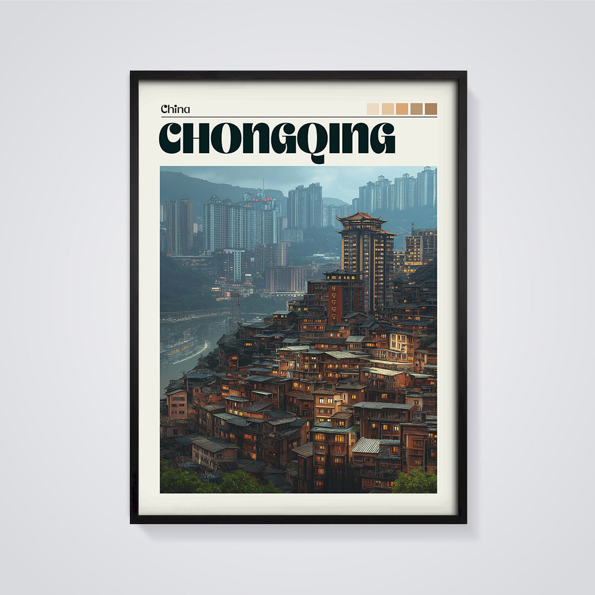 Chongqing Cityscape Print framed in black on a grey background