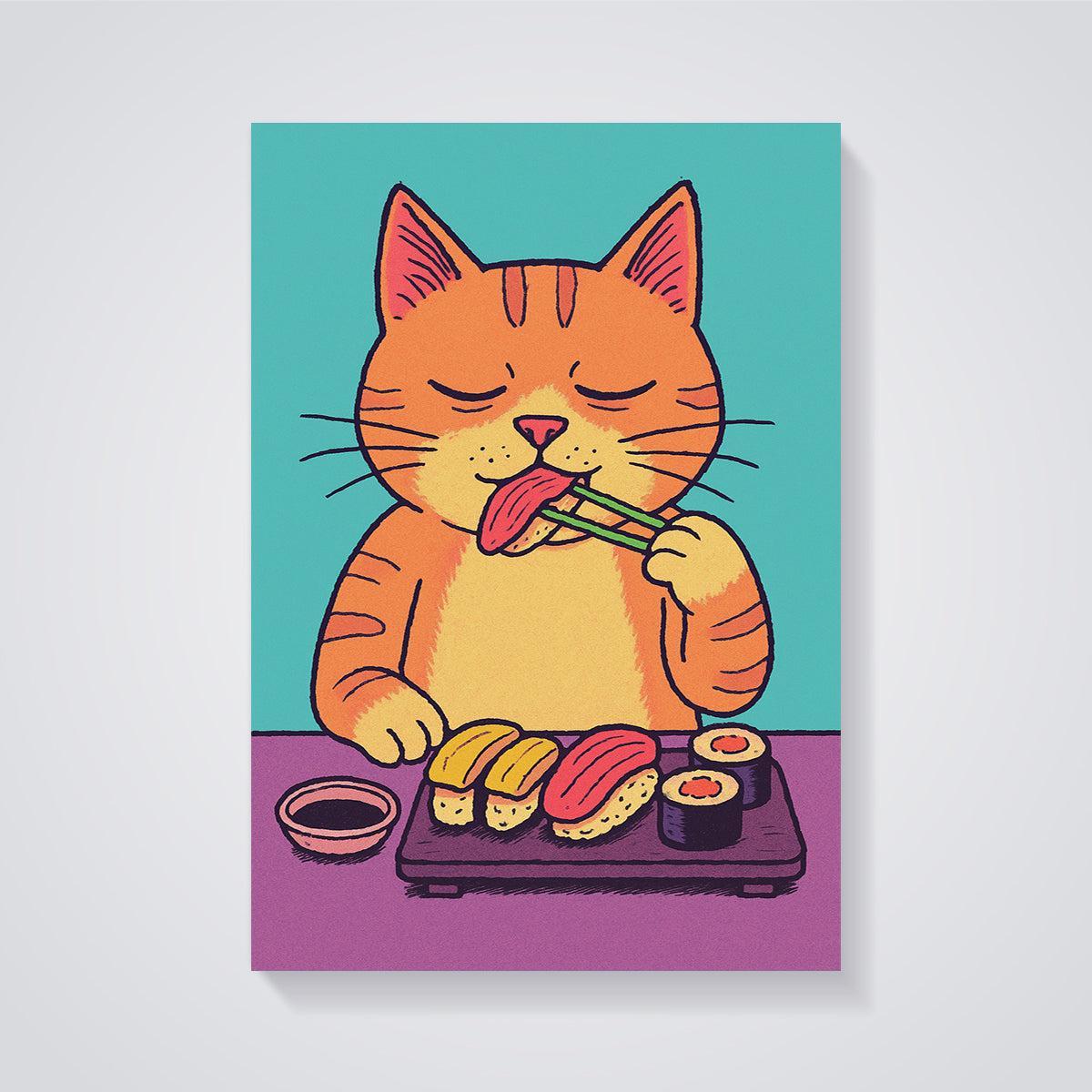 Chopstick Sushi Cat Print unframed on a grey background