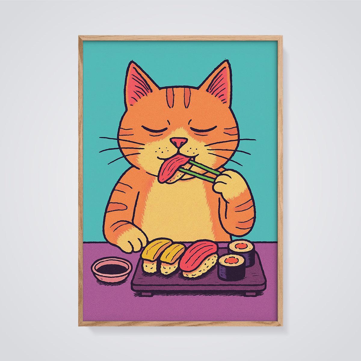 Chopstick Sushi Cat Print framed in oak on a grey background