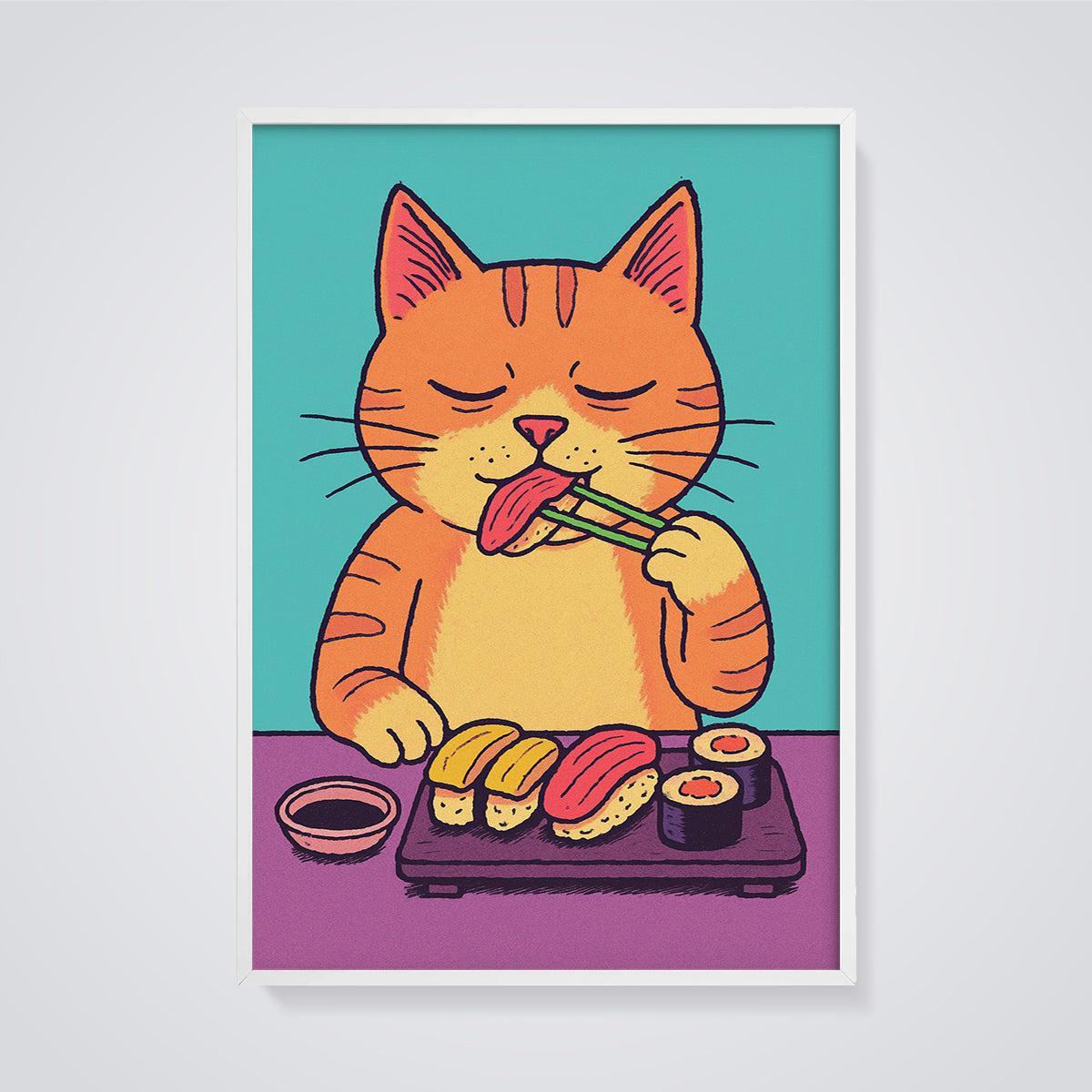 Chopstick Sushi Cat Print framed in white on a grey background