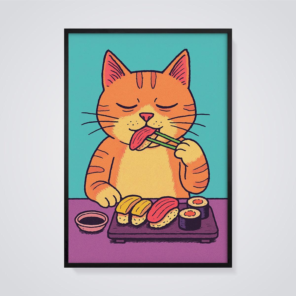 Chopstick Sushi Cat Print framed in black on a grey background
