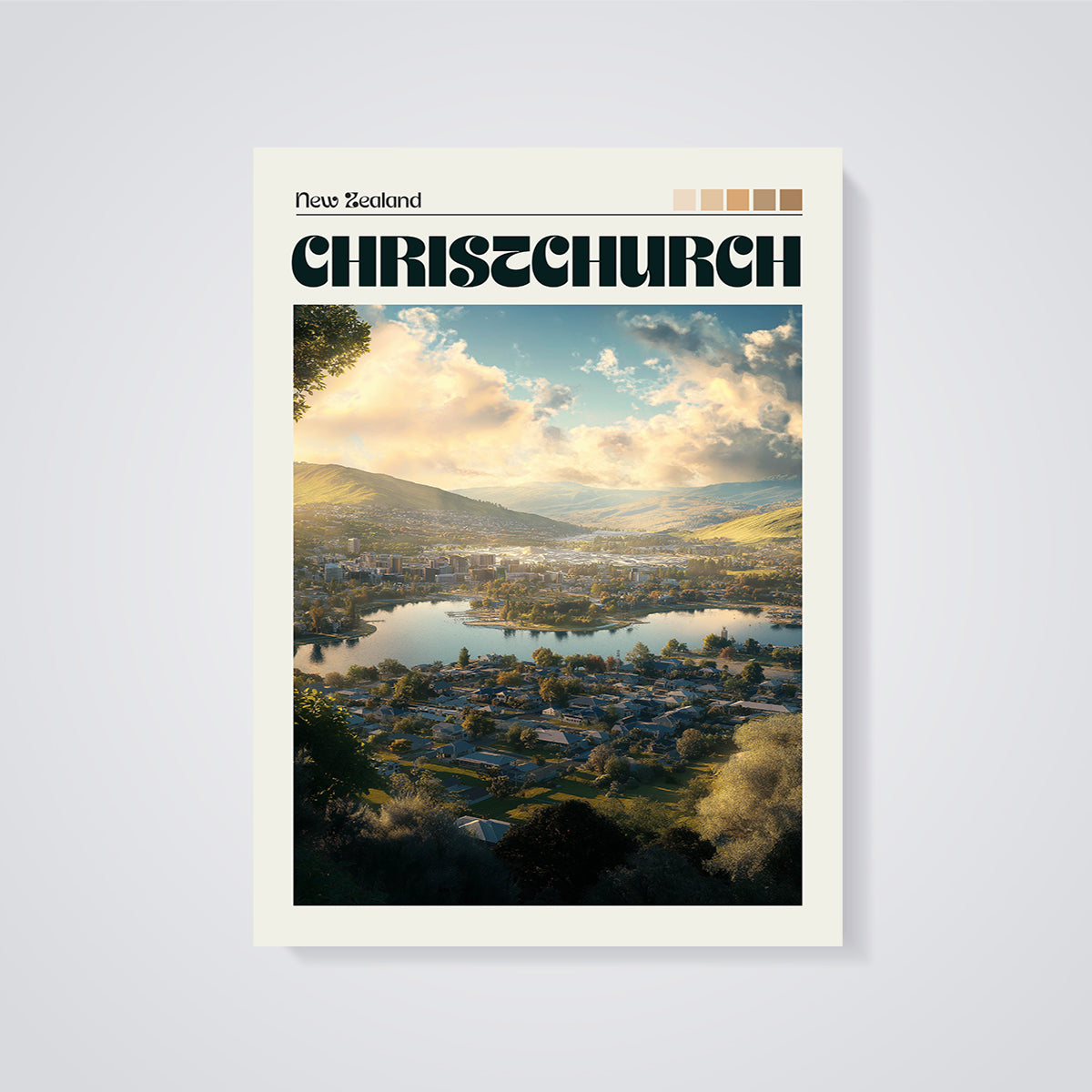 Christchurch New Zealand Cityscape Lake Print unframed on a grey background