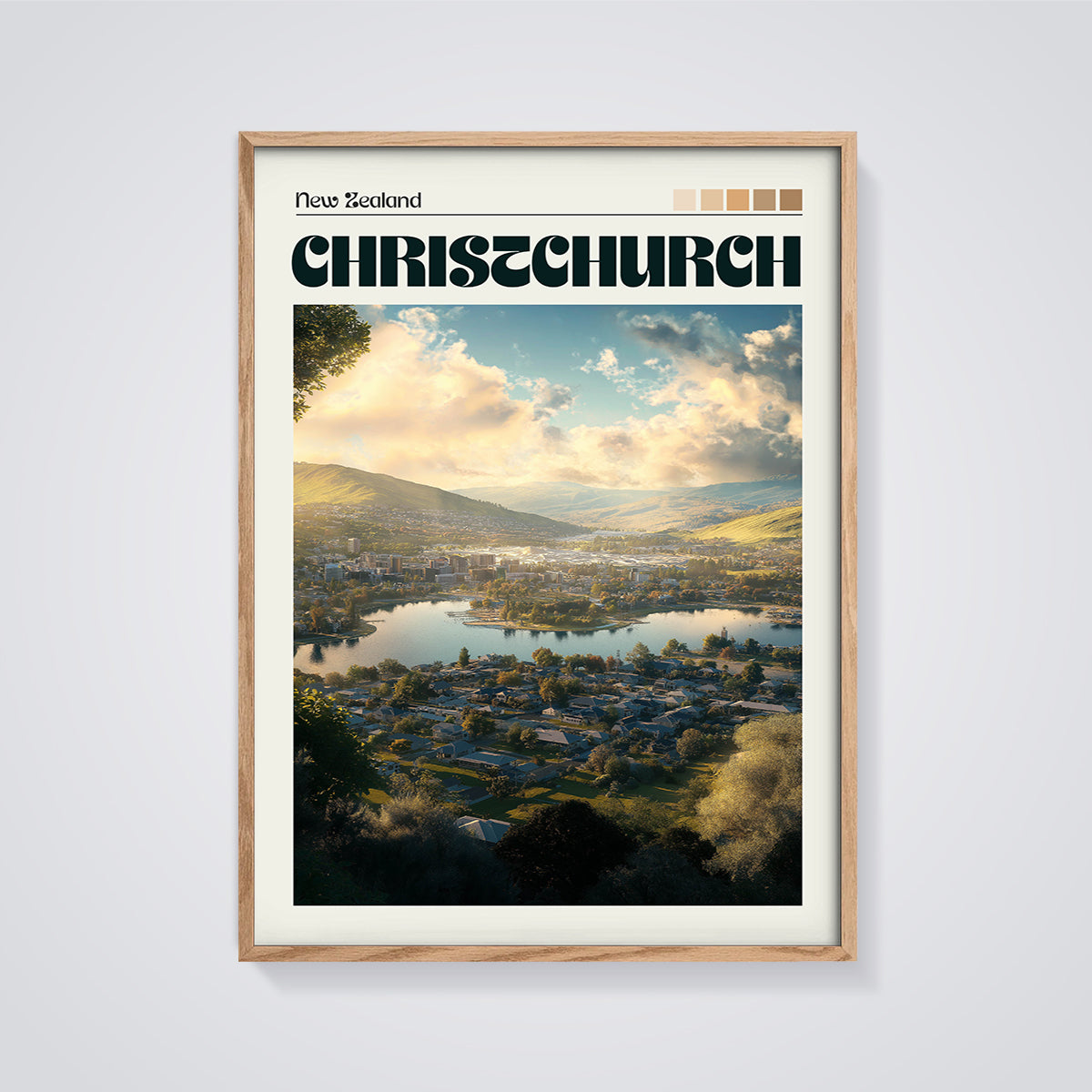 Christchurch New Zealand Cityscape Lake Print framed in oak on a grey background