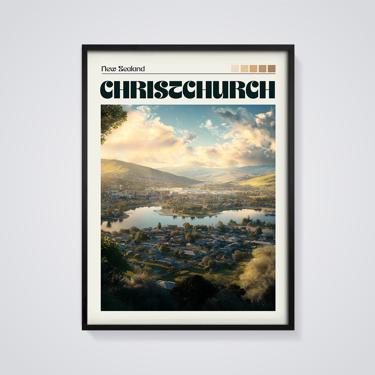 Christchurch New Zealand Cityscape Lake Print framed in black on a grey background