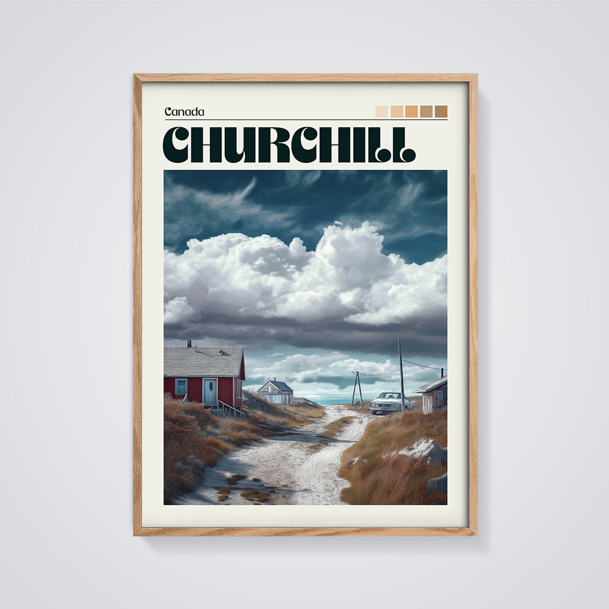 Churchill Coastal Village Print framed in oak on a grey background