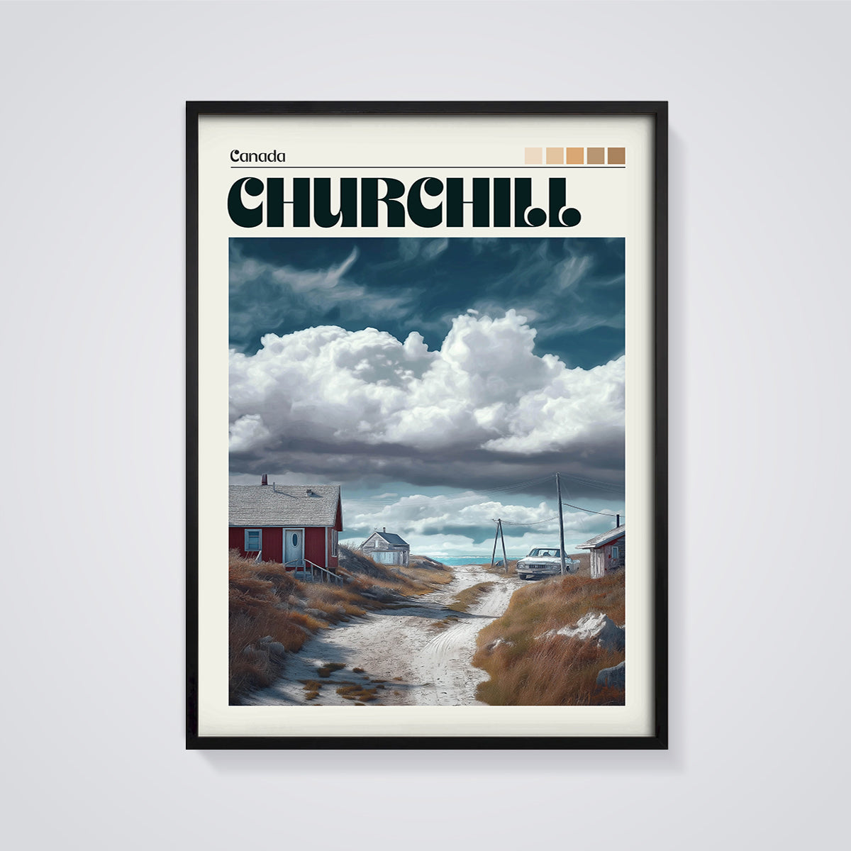 Churchill Coastal Village Print framed in black on a grey background