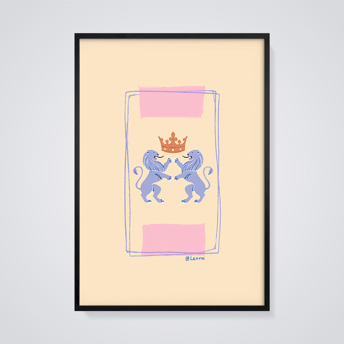 Heraldic Lions Crown Print framed in black on a grey background