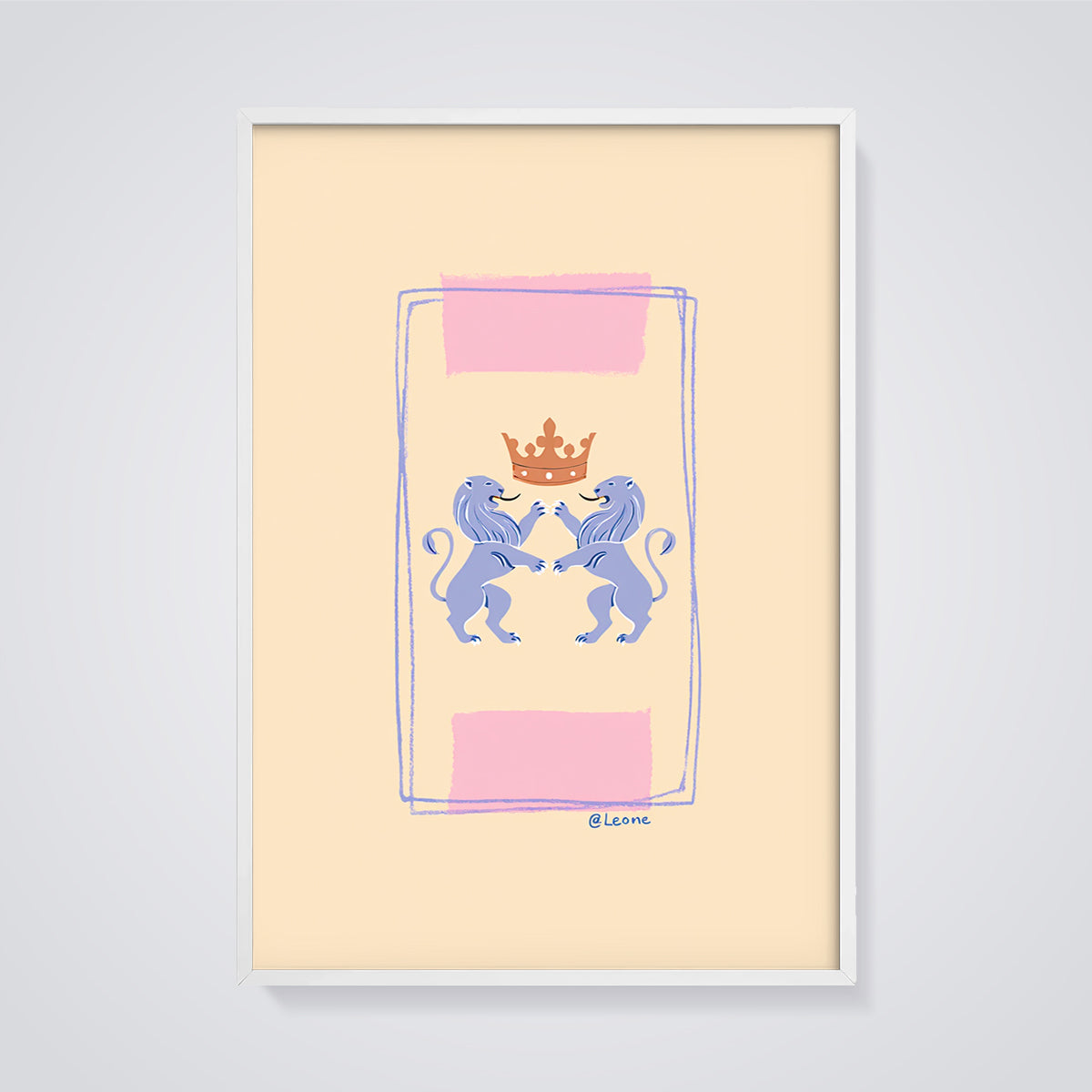 Heraldic Lions Crown Print framed in white on a grey background