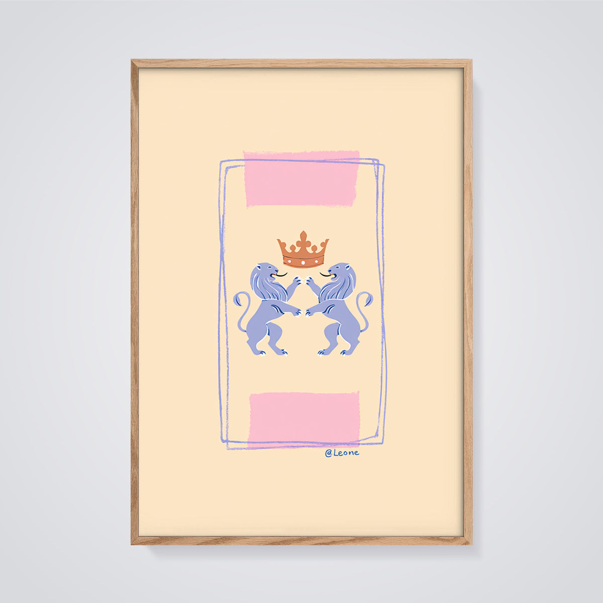 Heraldic Lions Crown Print framed in oak on a grey background