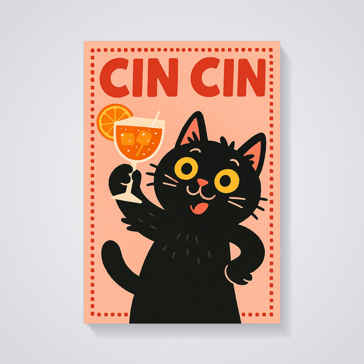 Cin Cin Cat Cocktail Print unframed on a grey background
