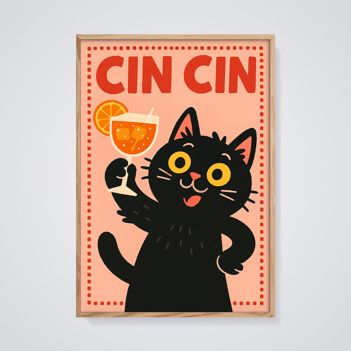 Cin Cin Cat Cocktail Print framed in oak on a grey background