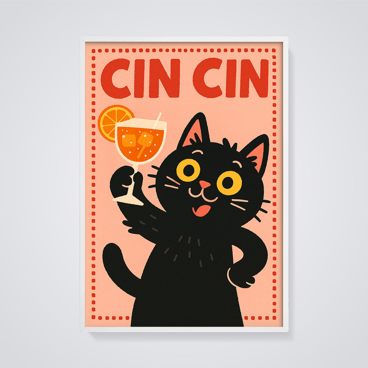 Cin Cin Cat Cocktail Print framed in white on a grey background