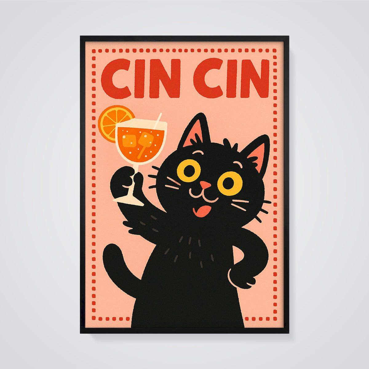 Cin Cin Cat Cocktail Print framed in black on a grey background