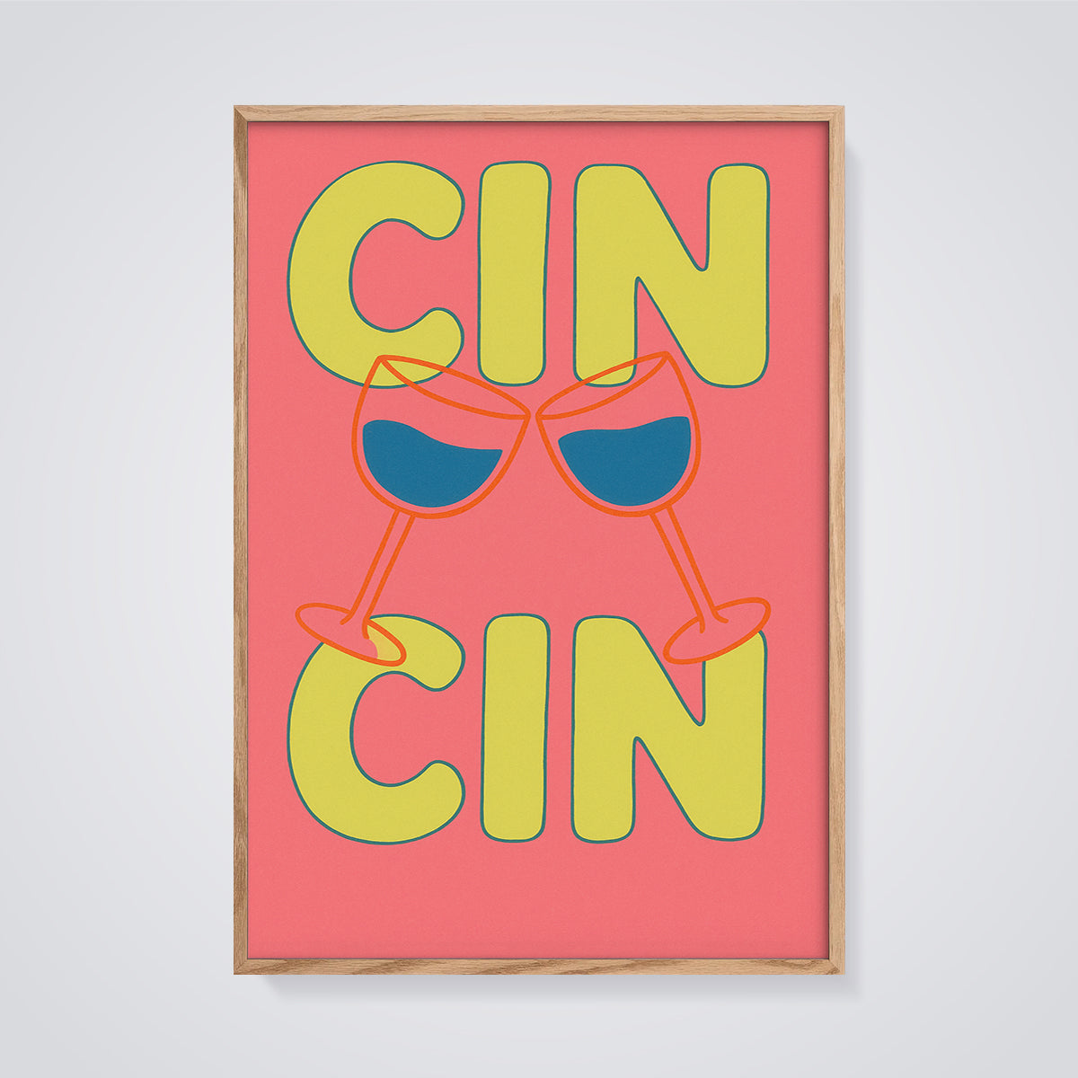 Cin Cin Cheers Print framed in oak on a grey background