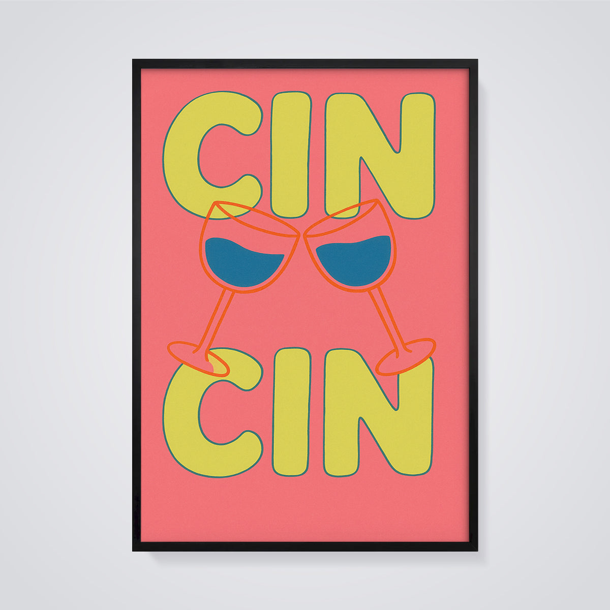 Cin Cin Cheers Print framed in black on a grey background