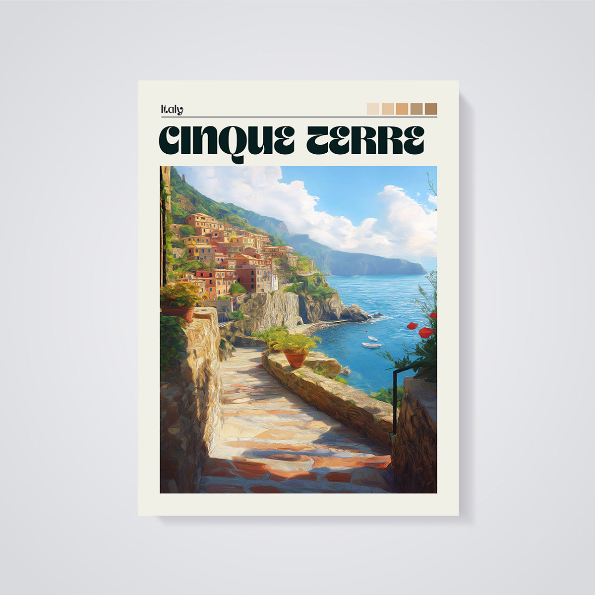 Cinque Terre Italy Village Print unframed on a grey background