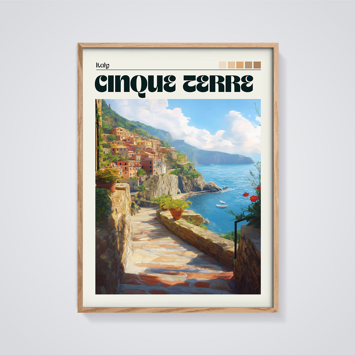 Cinque Terre Italy Village Print framed in oak on a grey background