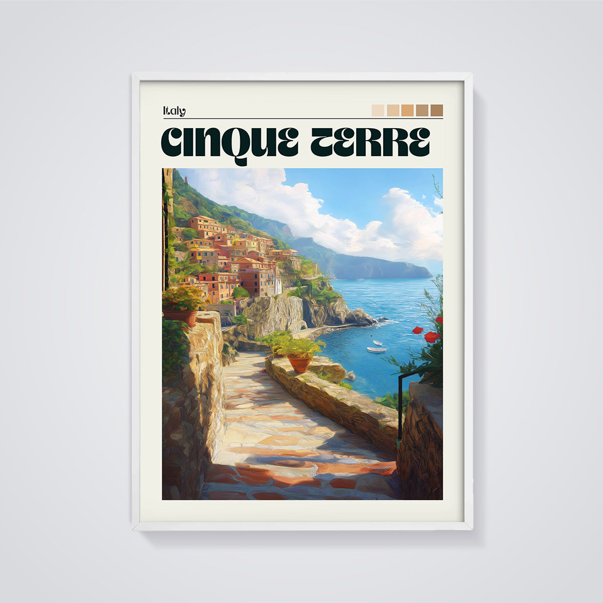 Cinque Terre Italy Village Print framed in white on a grey background