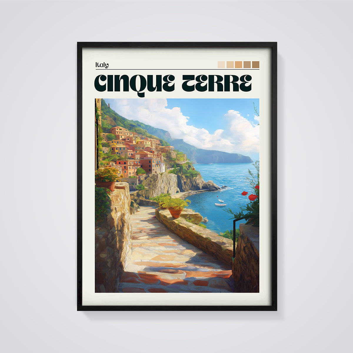 Cinque Terre Italy Village Print framed in black on a grey background