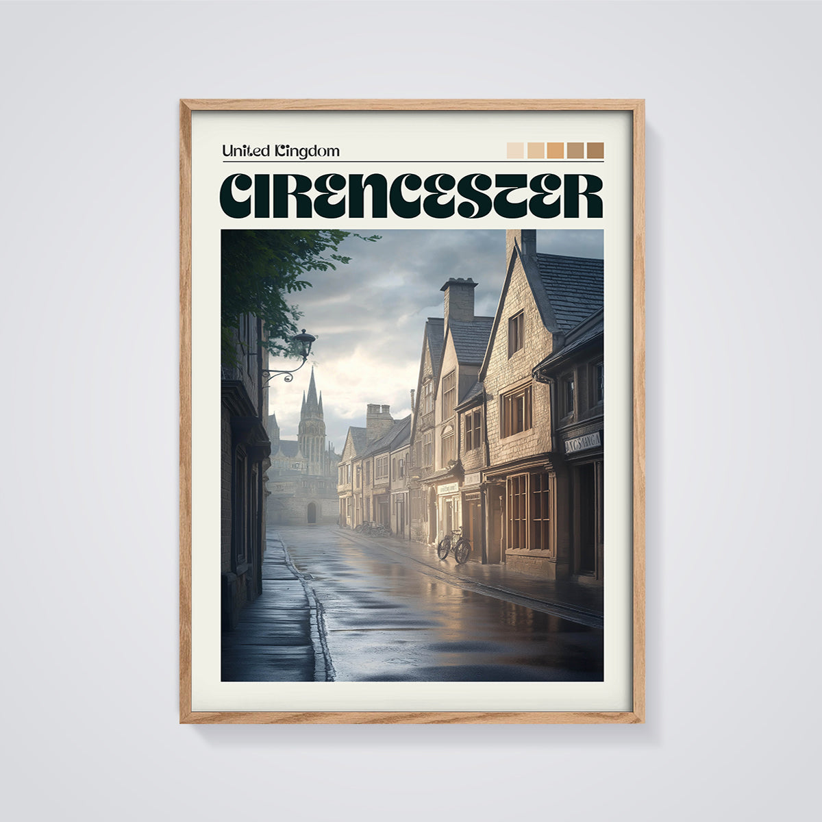 Cirencester Rainy Street Print framed in oak on a grey background