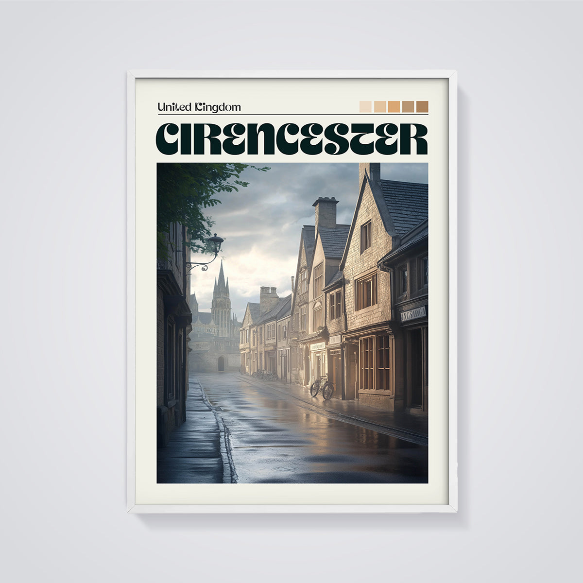 Cirencester Rainy Street Print framed in white on a grey background