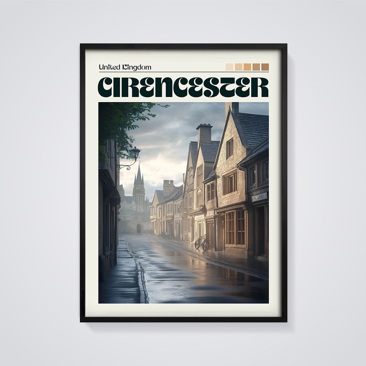 Cirencester Rainy Street Print framed in black on a grey background