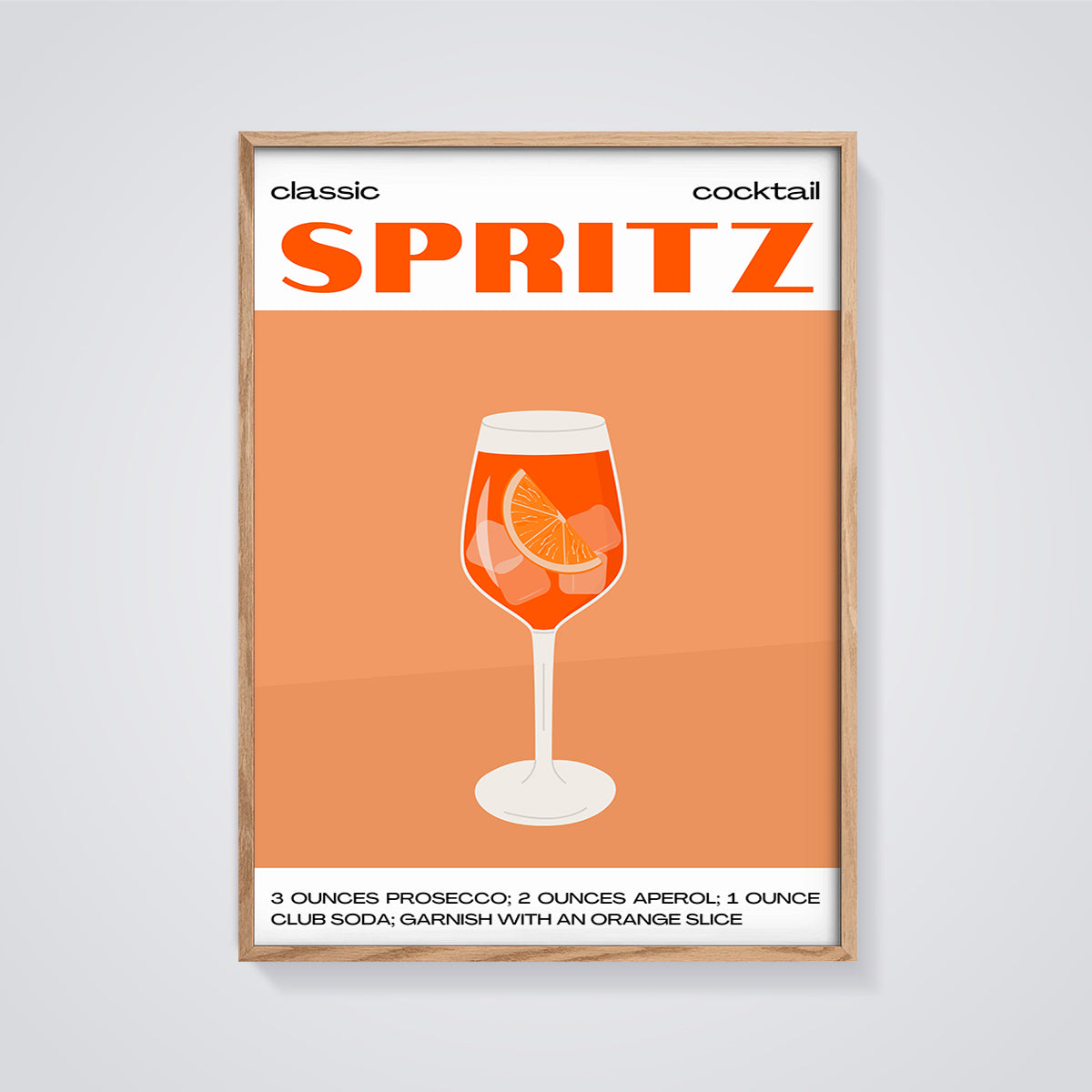 Classic Spritz Cocktail Print framed in oak on a grey background